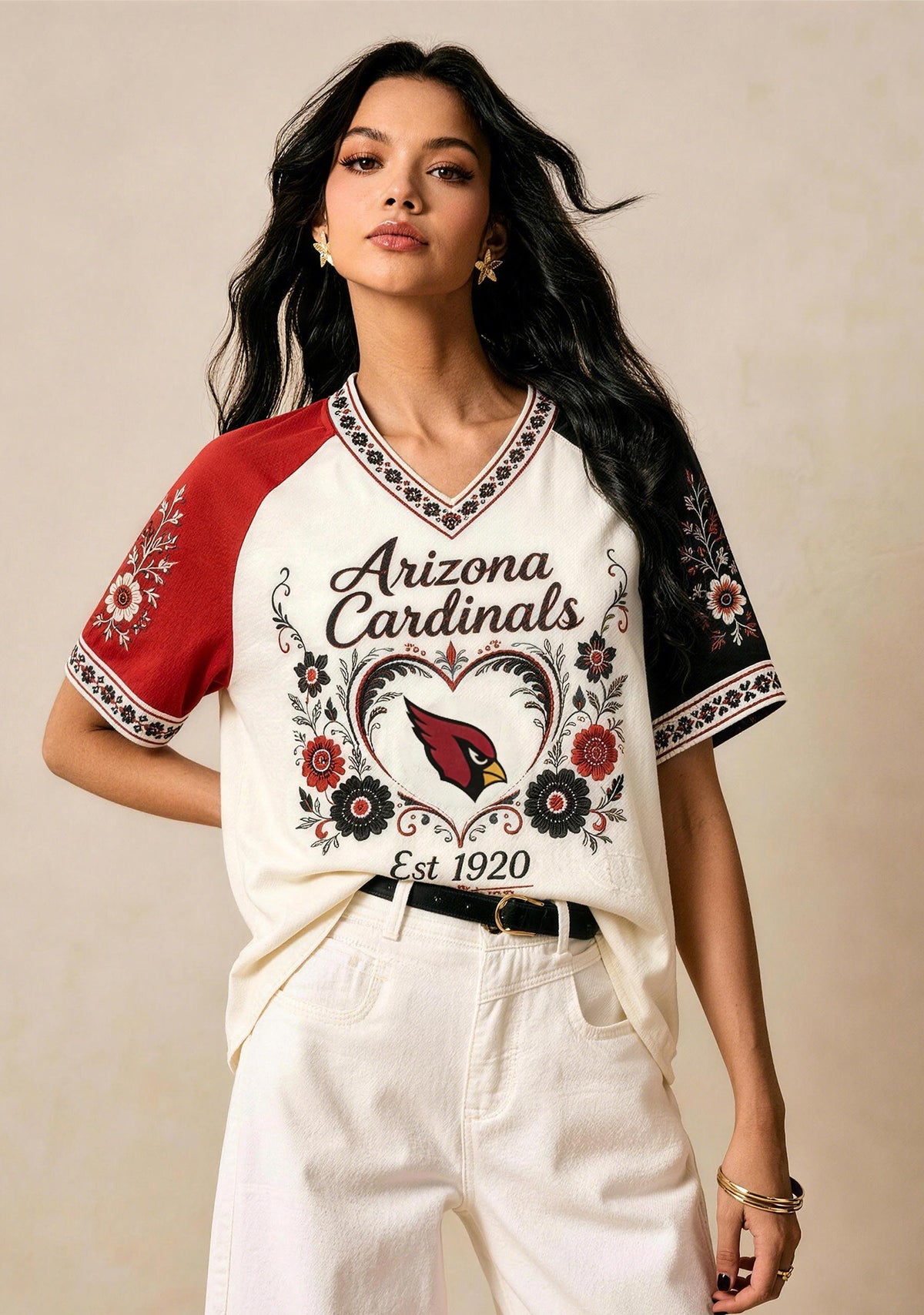 Arizona Cardinals Vintage Floral Heart Raglan NFL V-Neck T-Shirt Main image