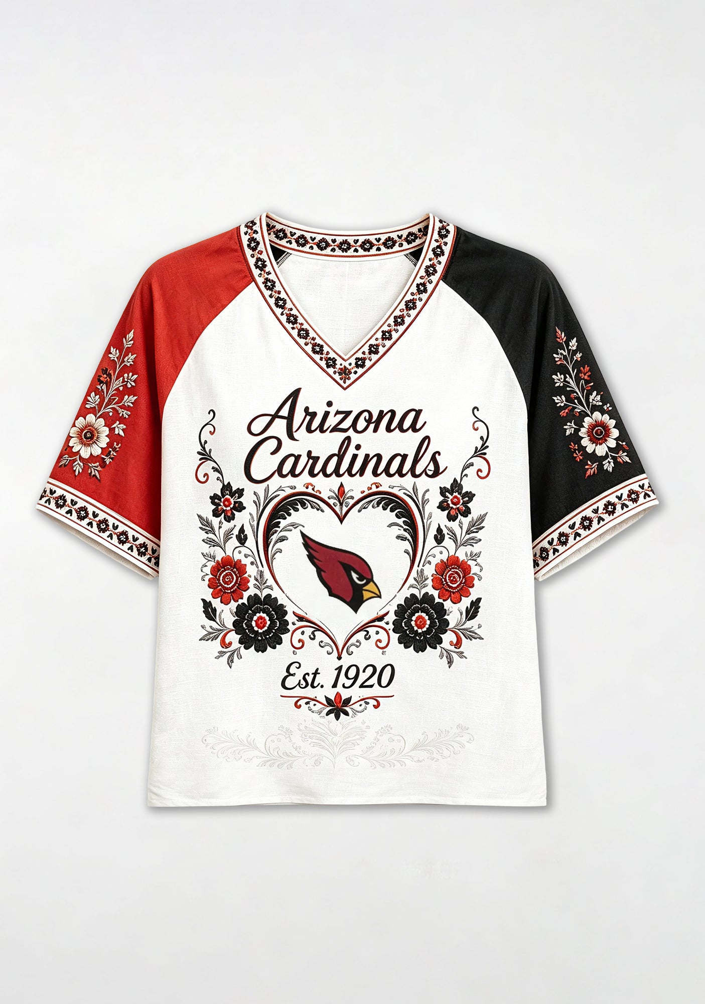 Arizona Cardinals Vintage Floral Heart Raglan NFL V-Neck T-Shirt Secondary image