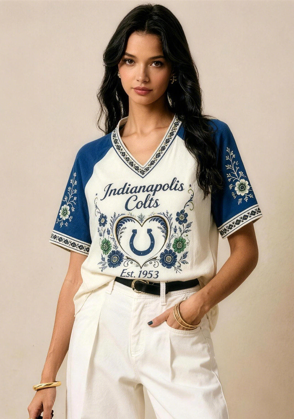 Indianapolis Colts Retro Floral Heart Raglan NFL V-Neck T-Shirt