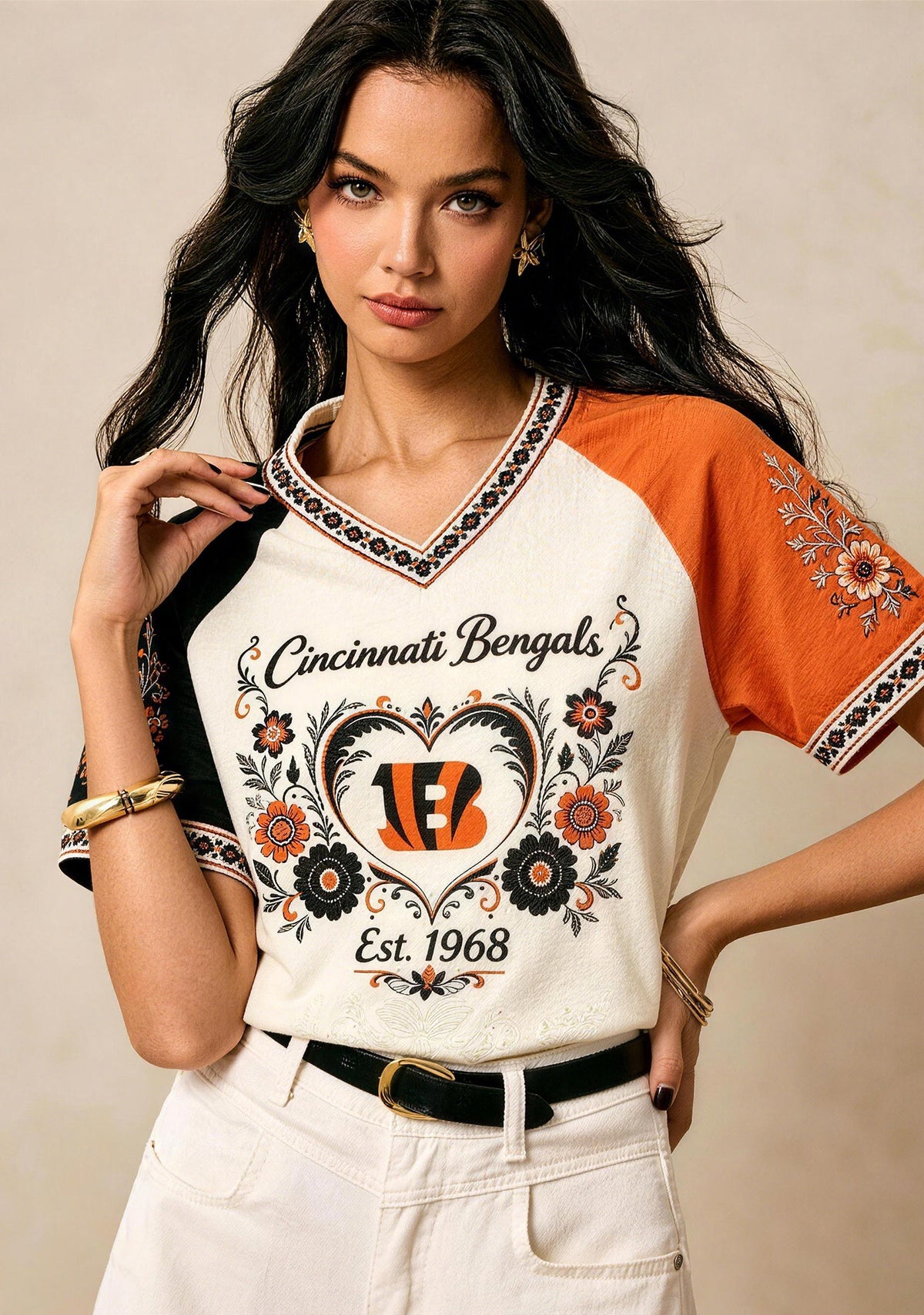 Cincinnati Bengals Vintage Floral Heart Raglan NFL V-Neck T-Shirt Main image