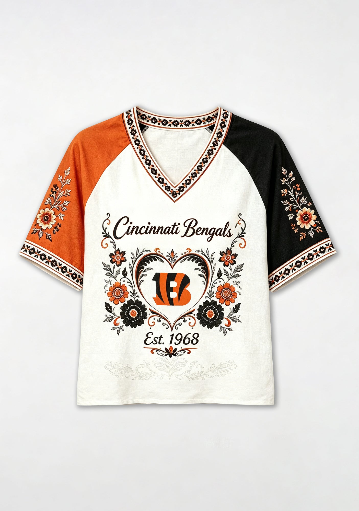 Cincinnati Bengals Vintage Floral Heart Raglan NFL V-Neck T-Shirt Secondary image