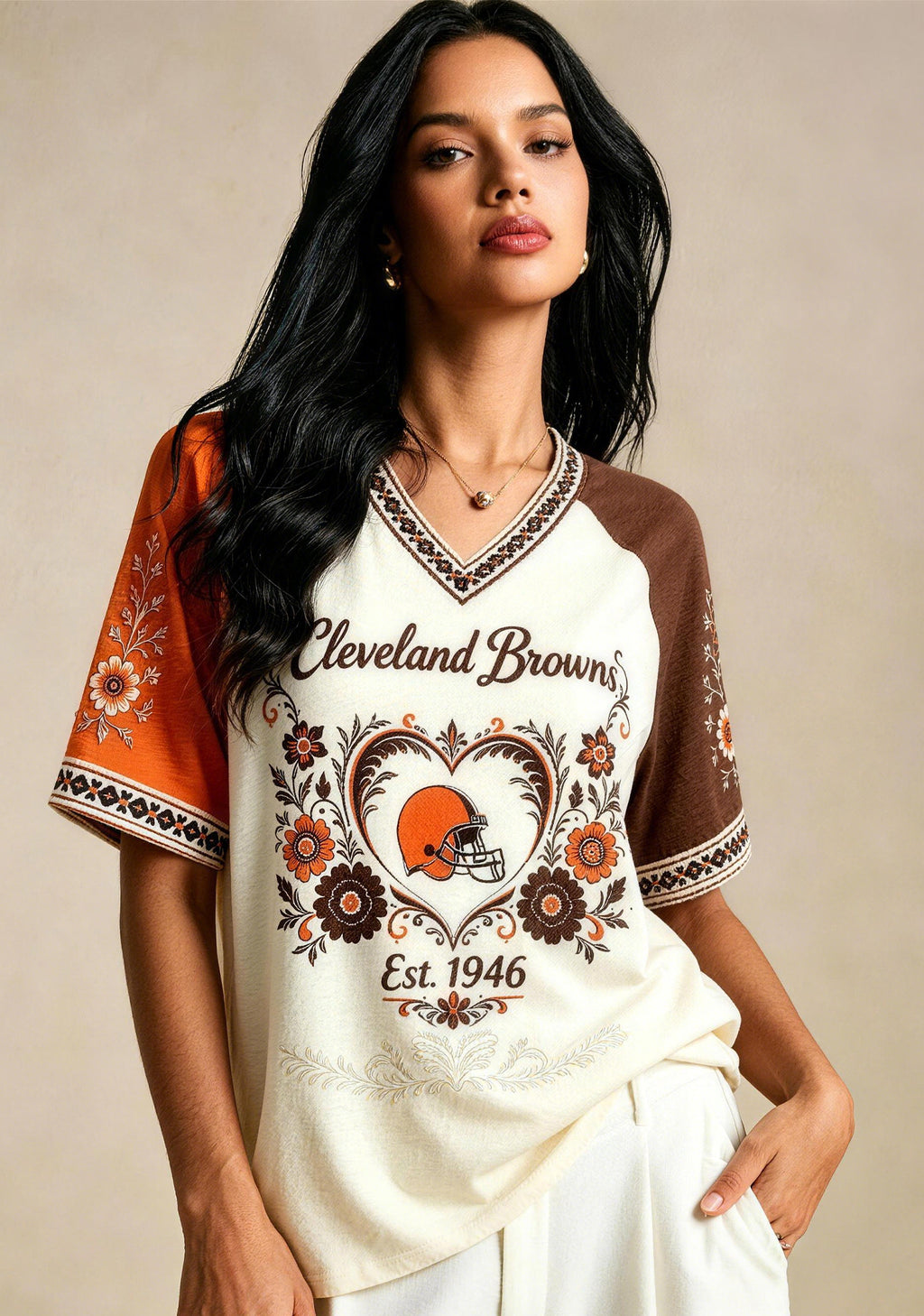Cleveland Browns Retro Floral Heart Raglan NFL V-Neck T-Shirt