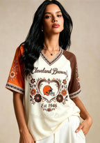 Cleveland Browns Retro Floral Heart Raglan NFL V-Neck T-Shirt