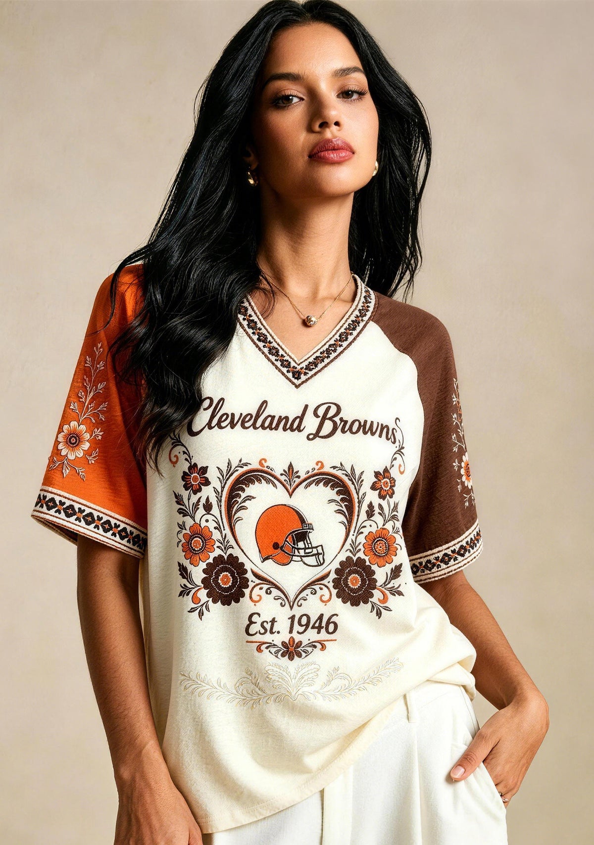 Cleveland Browns Retro Floral Heart Raglan NFL V-Neck T-Shirt