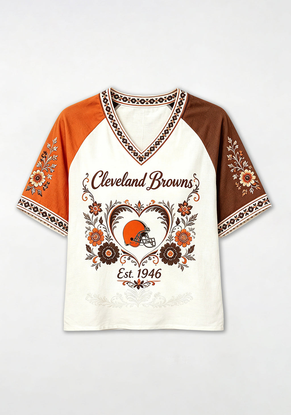 Cleveland Browns Retro Floral Heart Raglan NFL V-Neck T-Shirt