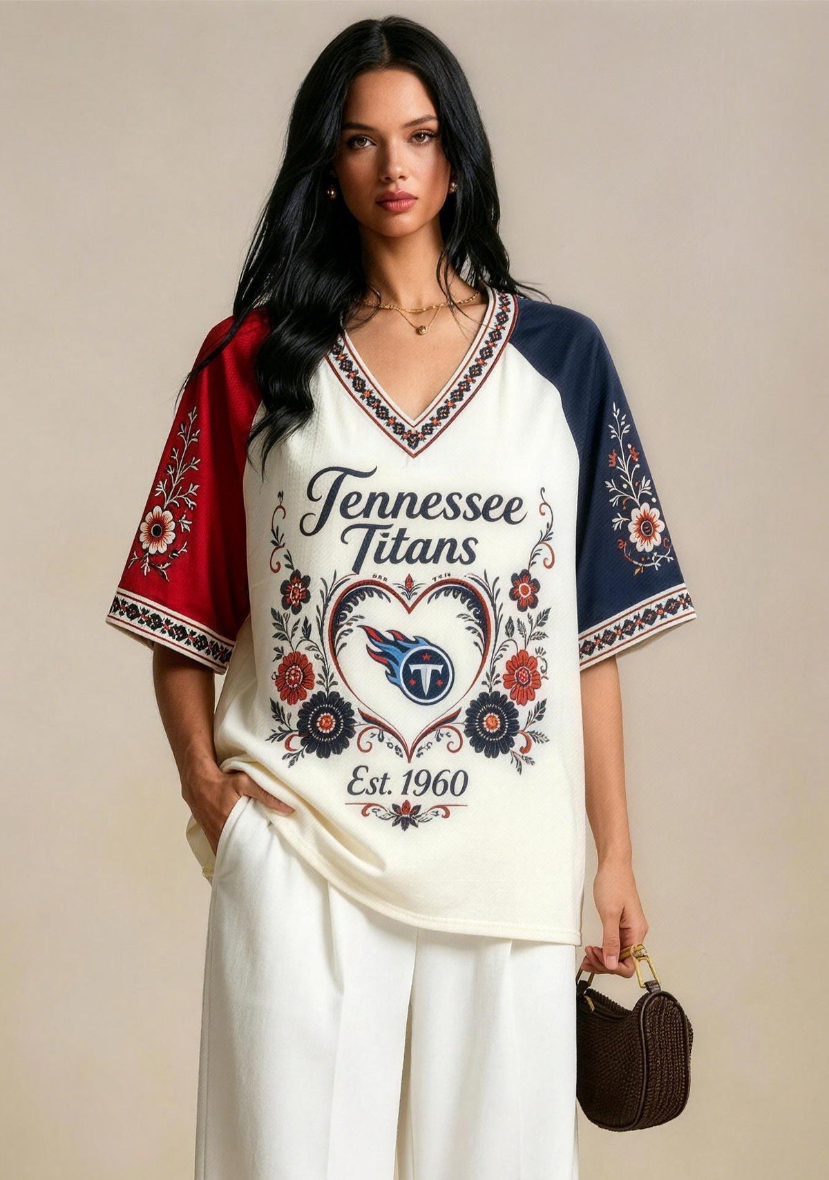Tennessee Titans Vintage Floral Heart Raglan NFL V-Neck T-Shirt Main image