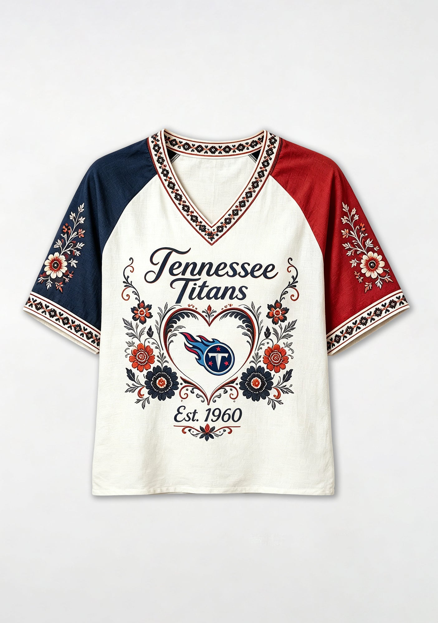 Tennessee Titans Vintage Floral Heart Raglan NFL V-Neck T-Shirt Secondary image