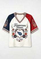 Tennessee Titans Vintage Floral Heart Raglan NFL V-Neck T-Shirt