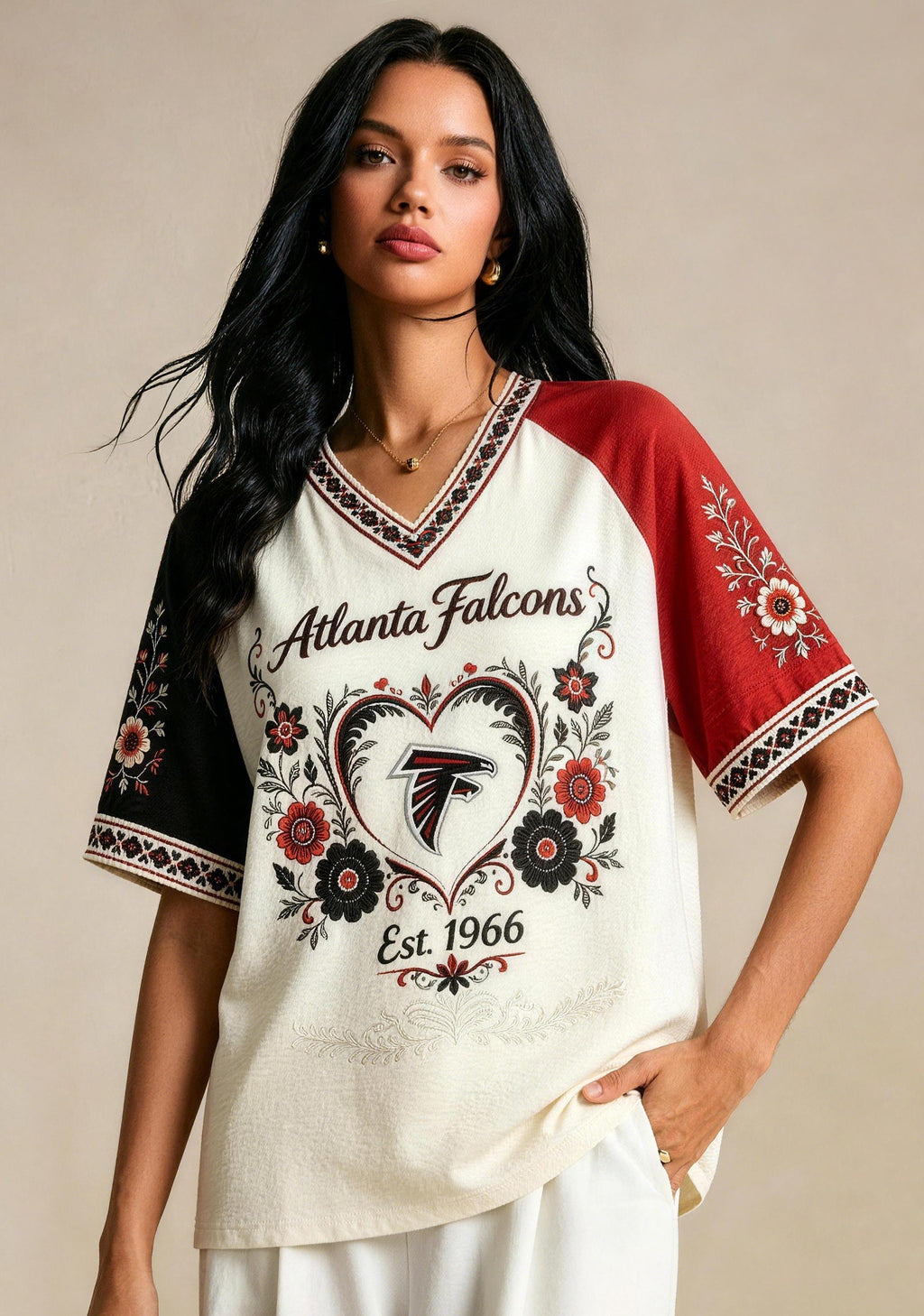 Atlanta Falcons Est.1966 Floral Heart Raglan NFL V-Neck T-Shirt