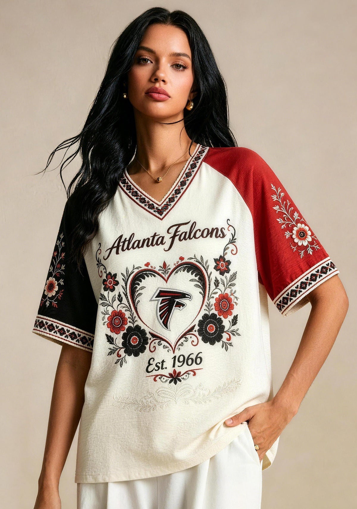 Atlanta Falcons Est.1966 Floral Heart Raglan NFL V-Neck T-Shirt