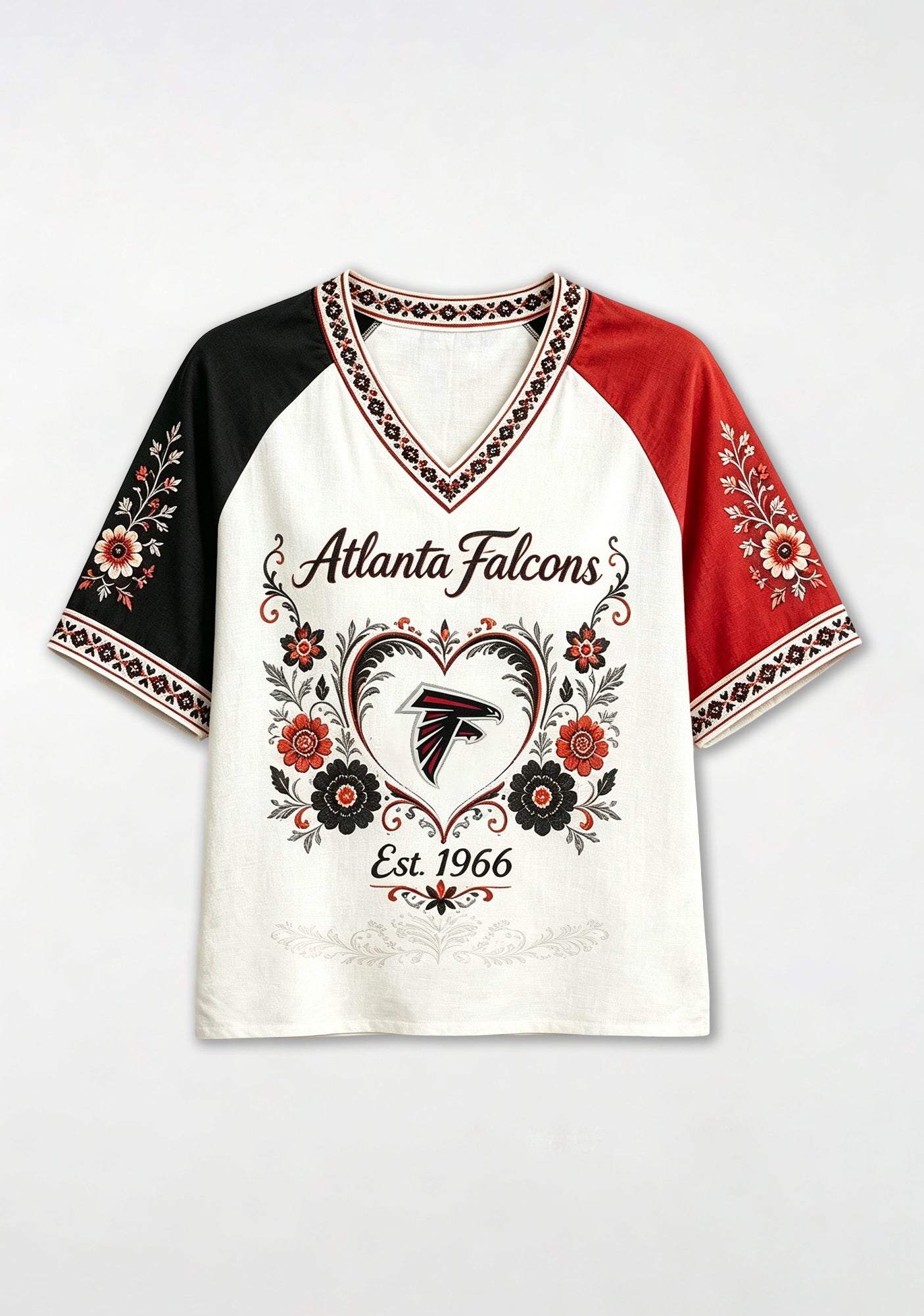 Atlanta Falcons Est.1966 Floral Heart Raglan NFL V-Neck T-Shirt Secondary image