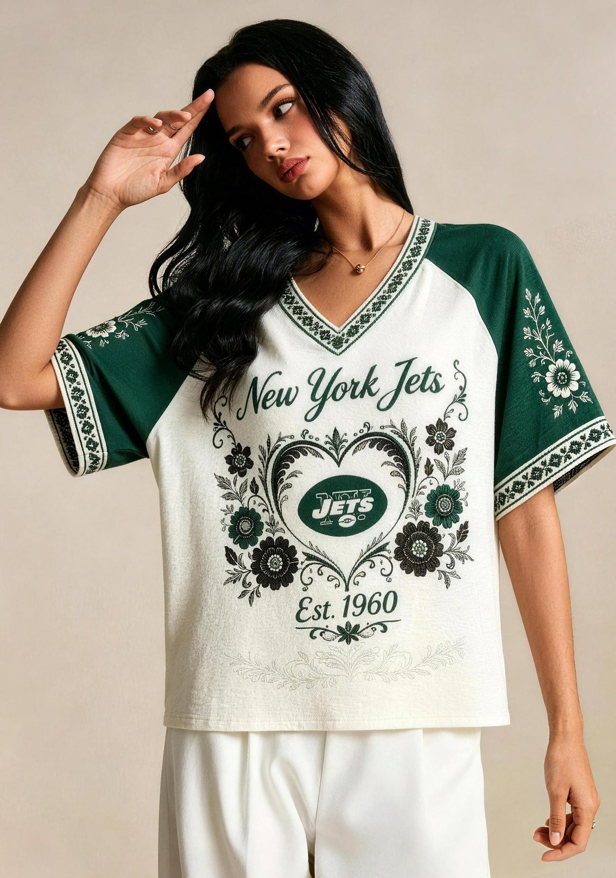 New York Jets Est.1960 Floral Heart Raglan NFL V-Neck T-Shirt Main image