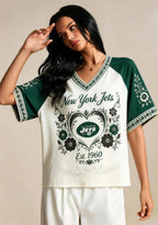 New York Jets Est.1960 Floral Heart Raglan NFL V-Neck T-Shirt