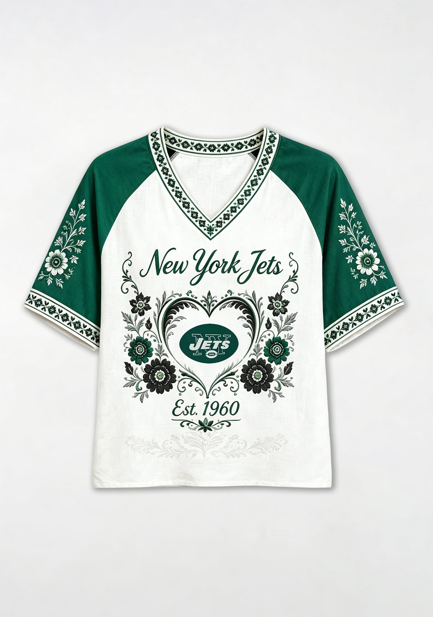 New York Jets Est.1960 Floral Heart Raglan NFL V-Neck T-Shirt Secondary image