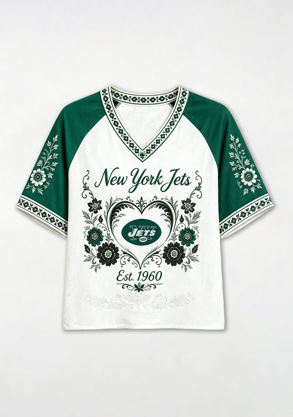 New York Jets Est.1960 Floral Heart Raglan NFL V-Neck T-Shirt