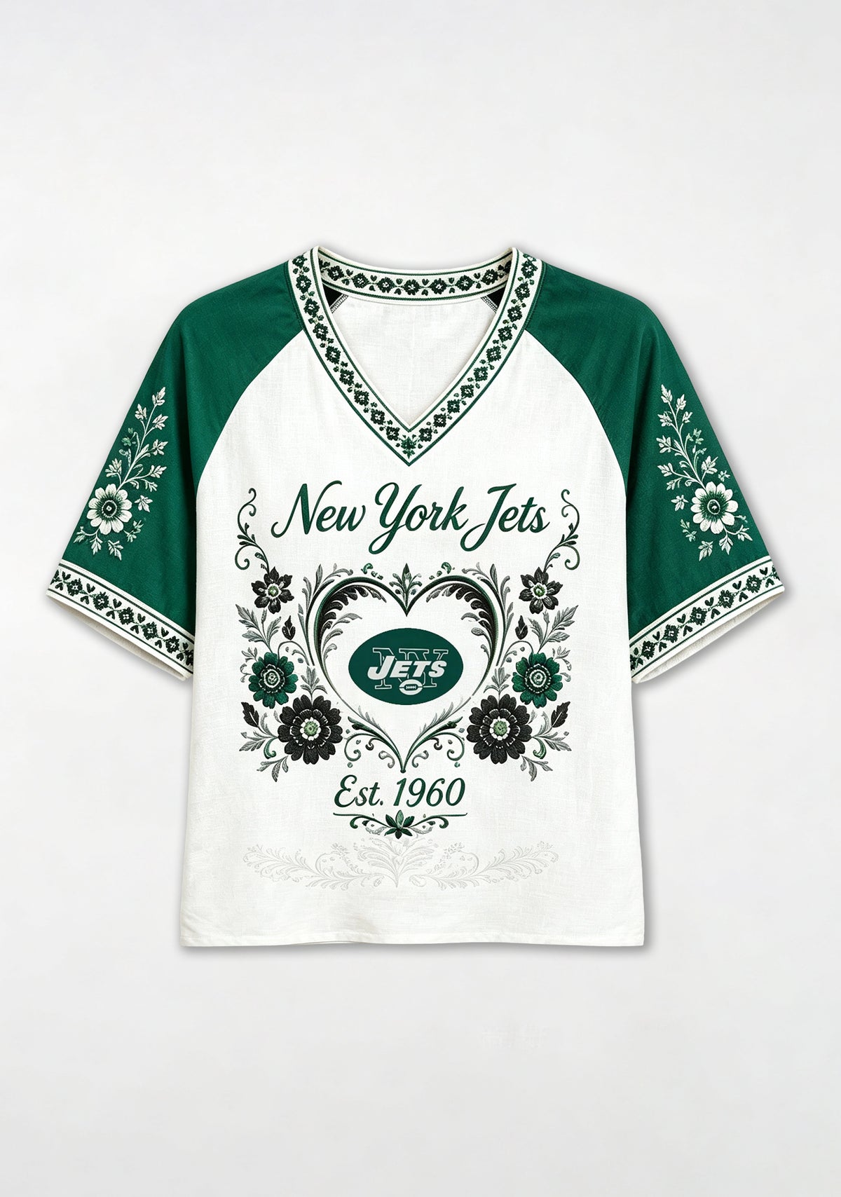 New York Jets Est.1960 Floral Heart Raglan NFL V-Neck T-Shirt