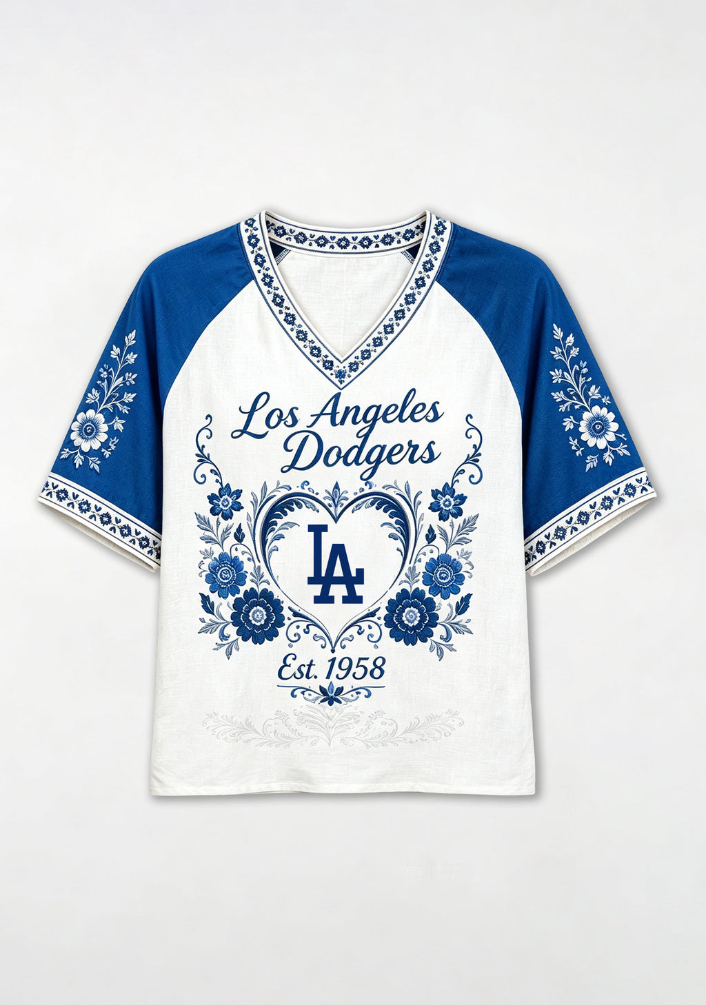 Los Angeles Dodgers Heart Floral Raglan V-Neck T-Shirt