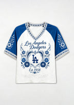 Los Angeles Dodgers Heart Floral Raglan V-Neck T-Shirt