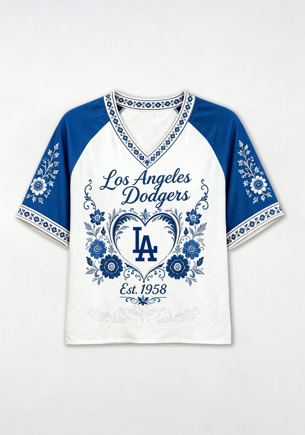 Los Angeles Dodgers Heart Floral Raglan V-Neck T-Shirt