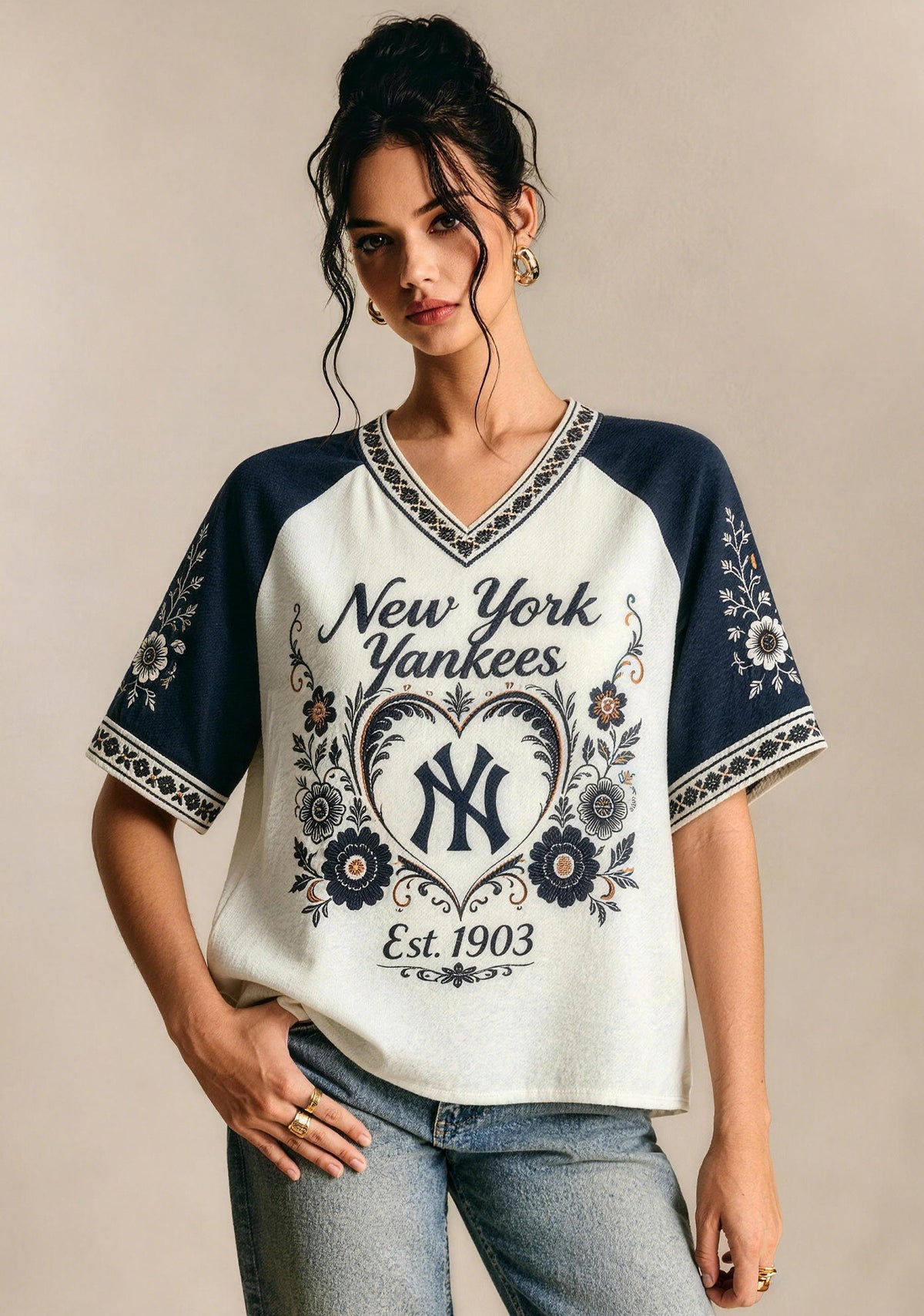 Retro Floral Heart New York Yankees Raglan V-Neck T-Shirt Main image