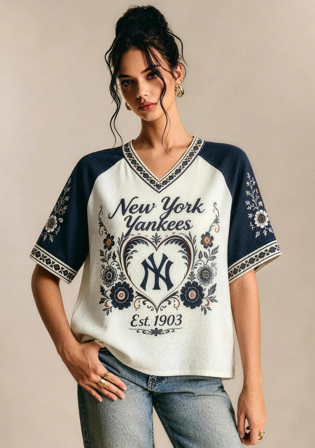 Retro Floral Heart New York Yankees Raglan V-Neck T-Shirt