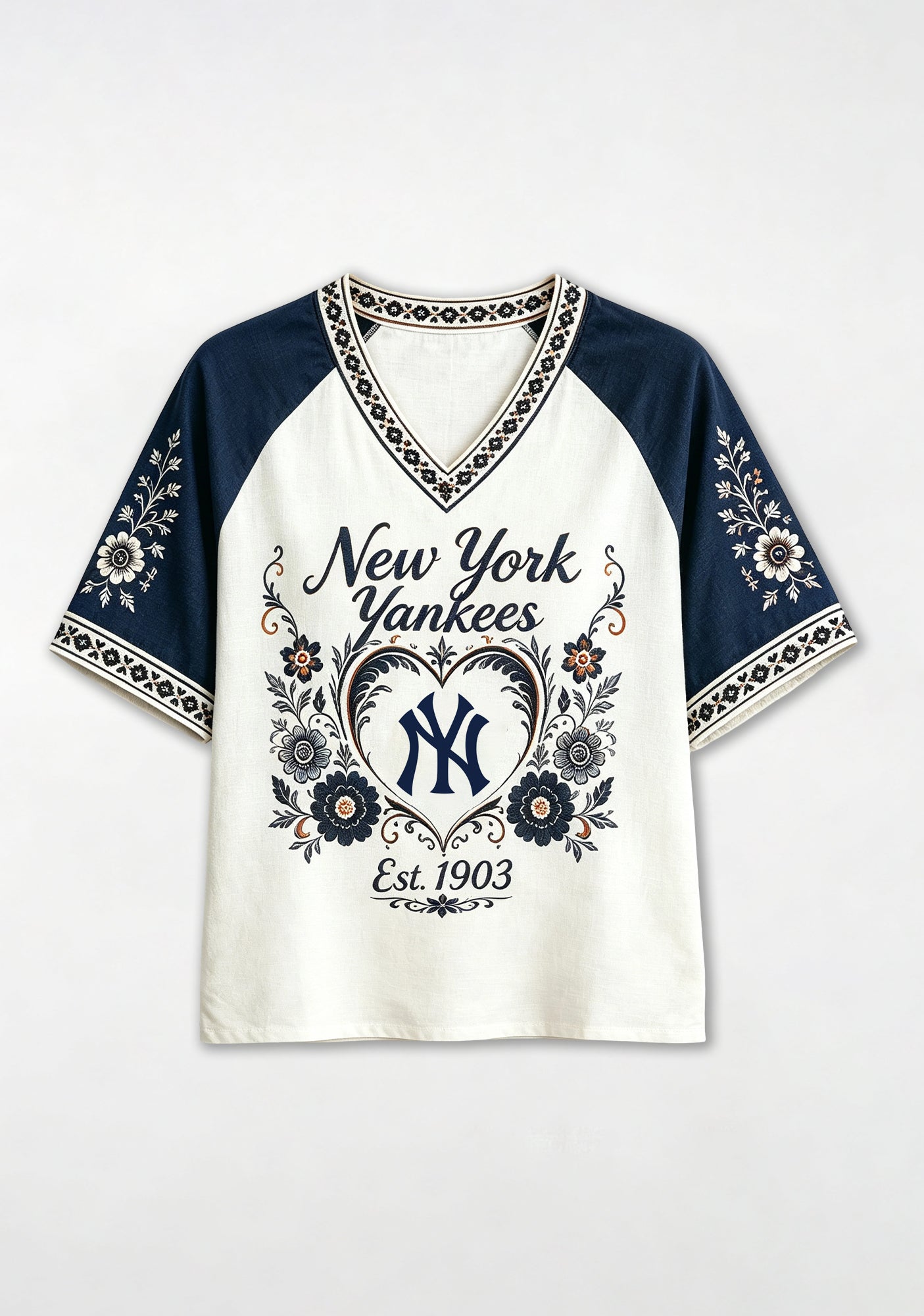 Retro Floral Heart New York Yankees Raglan V-Neck T-Shirt Secondary image