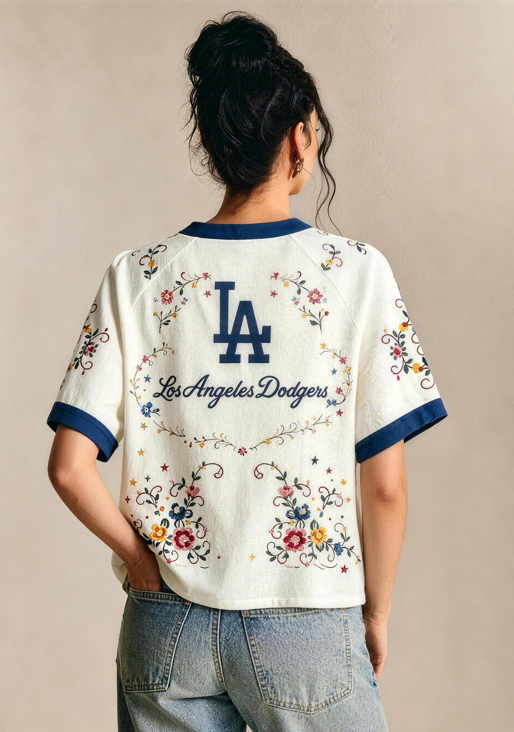 Dodgers Floral Graphic V-Neck Blouse