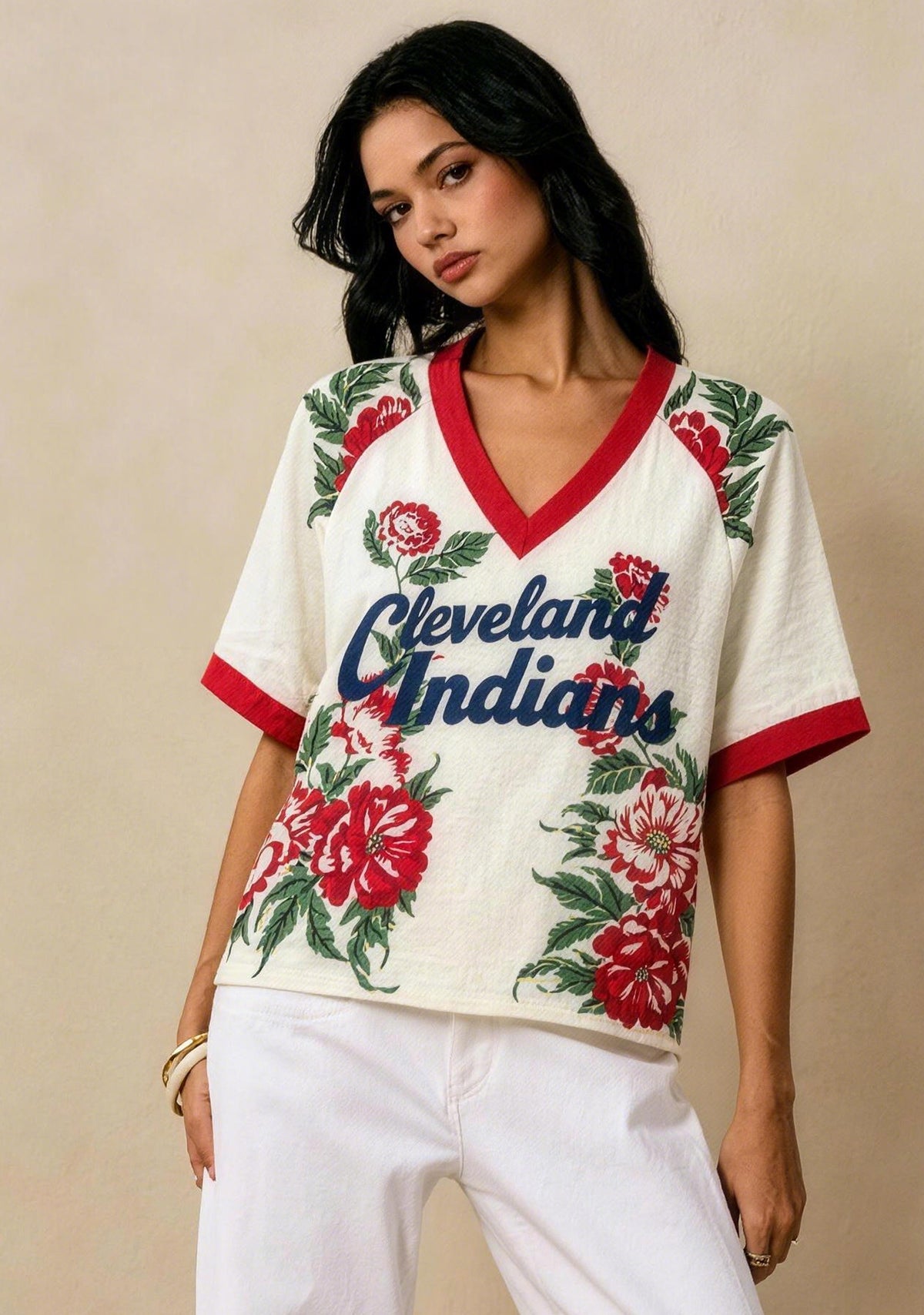 Cleveland Indians Vintage Red Peony Floral V-Neck Blouse Main image