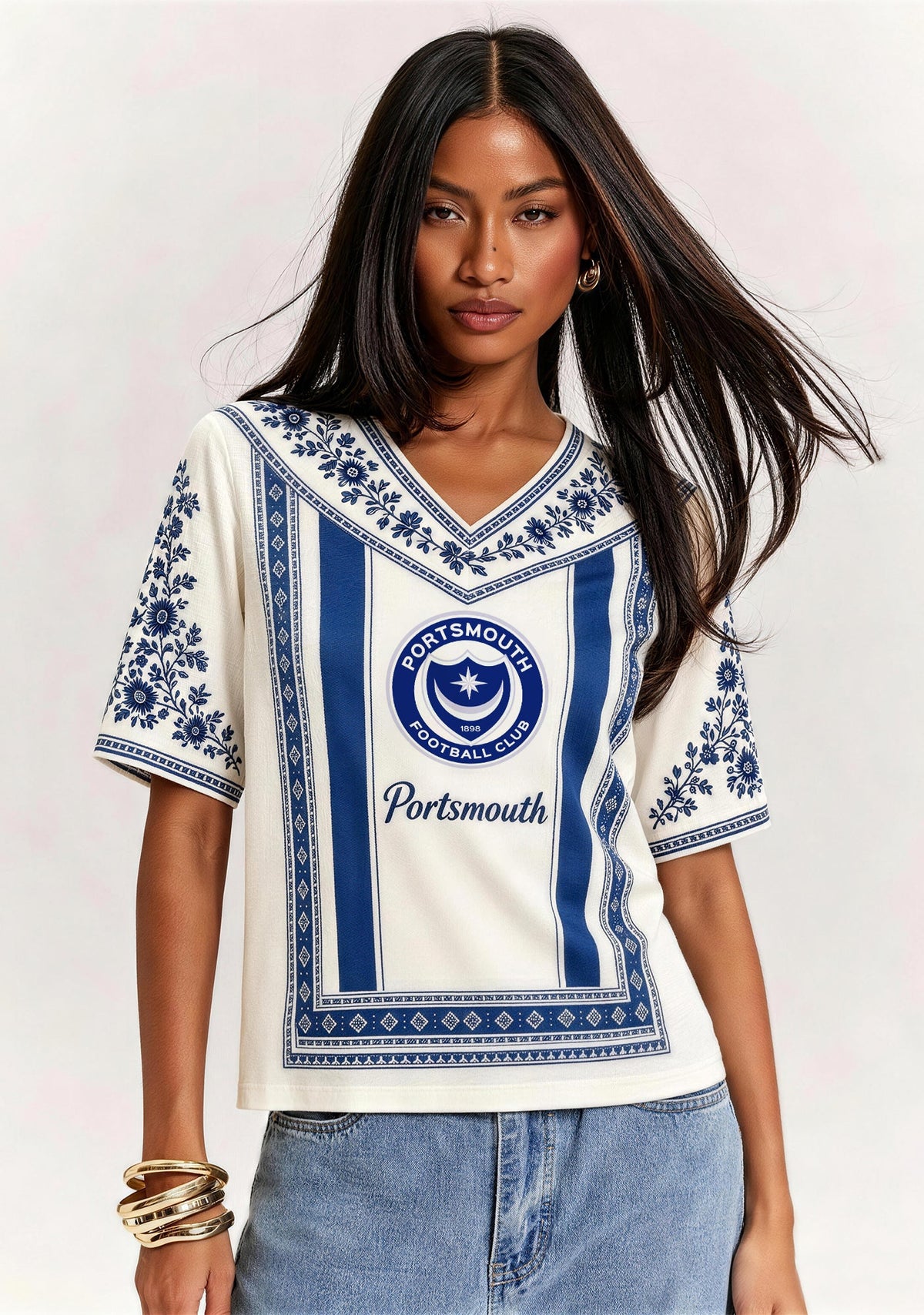 Boho Portsmouth Bohemian Blue Floral V-Neck Blouse Main image