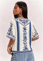 Boho Portsmouth Bohemian Blue Floral V-Neck Blouse