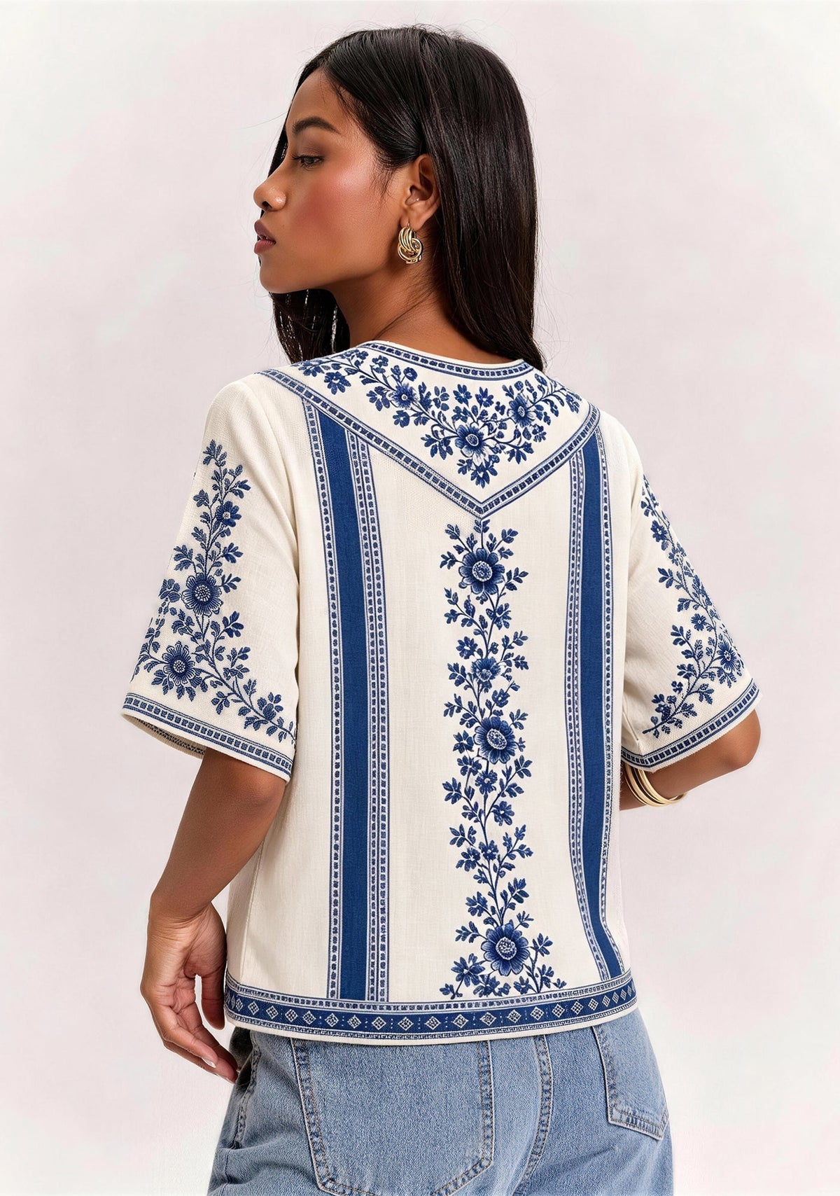 Boho Portsmouth Bohemian Blue Floral V-Neck Blouse
